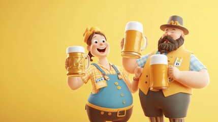 Two cheerful characters holding beer mugs against a yellow background.