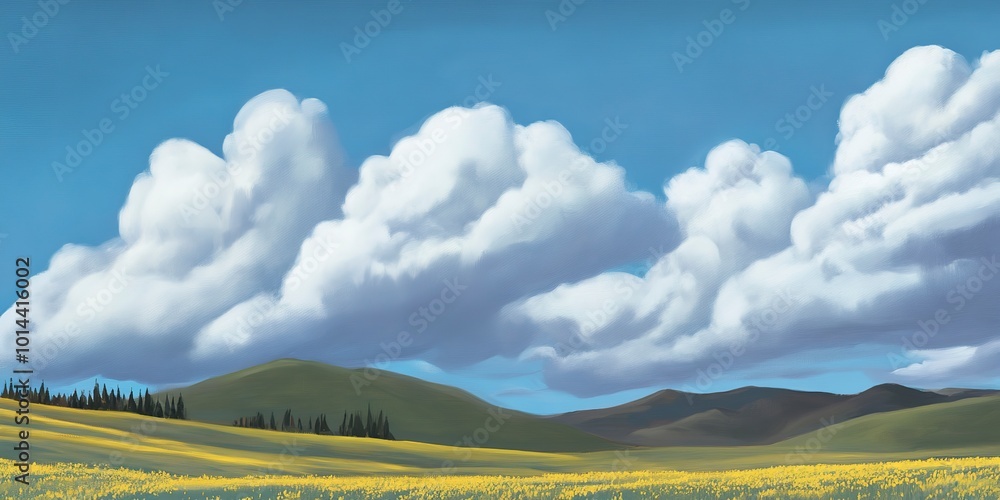 Canvas Prints landscape painting, colorful flowers in field under beautiful clouds 