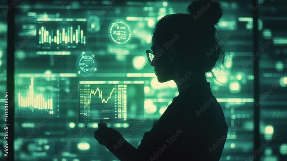 Poster silhouette of a person analyzing data on a digital interface.