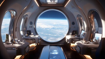 Spaceship futuristic interior with view on planet Earth. 