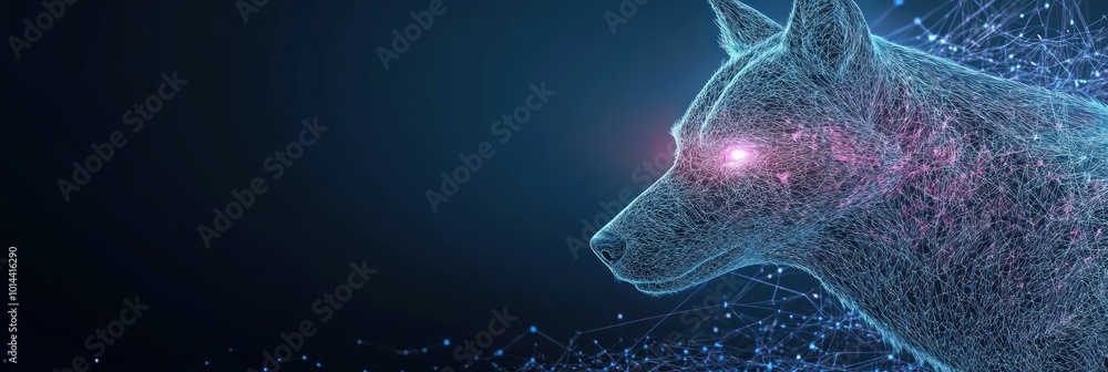 Poster a digital representation of a dog's head, created with a network of glowing lines and nodes.