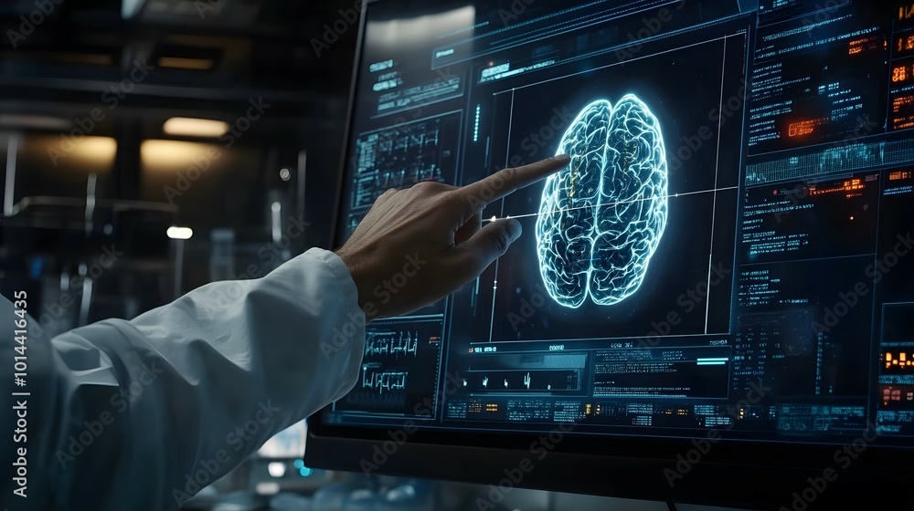 Poster scientist examining 3d brain model on computer screen