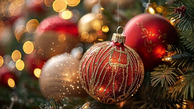 Christmas tree decorated with various ornaments footage