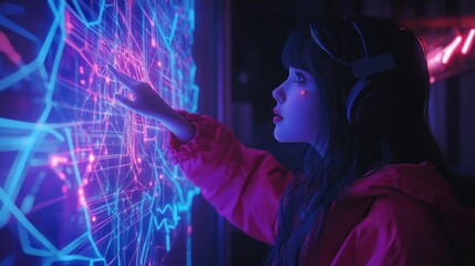 A girl in headphones interacts with a glowing, futuristic digital interface.