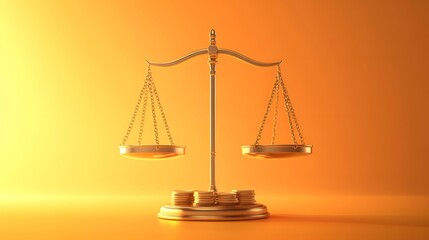 Golden Scales of Justice with Coins on Orange Background
