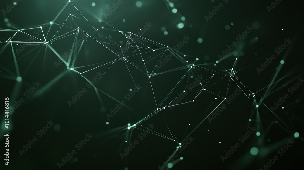 Poster abstract digital network illustration with connecting lines and nodes in a dark green theme.