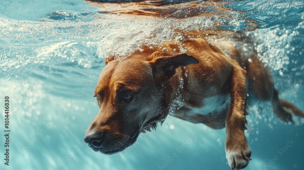 Wall mural A dog swimming underwater, showcasing its agility and playful nature in a vibrant aquatic scene.