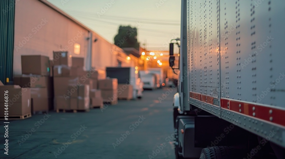 Canvas Prints A truck parked in an alley with stacked boxes, illuminated by soft evening lights.