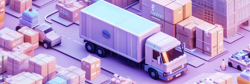 Wall mural A stylized illustration of a delivery truck surrounded by packages in a logistics setting.