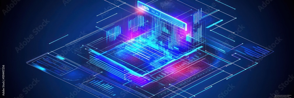 Aufkleber a futuristic digital representation of a computer processor with vibrant neon effects.