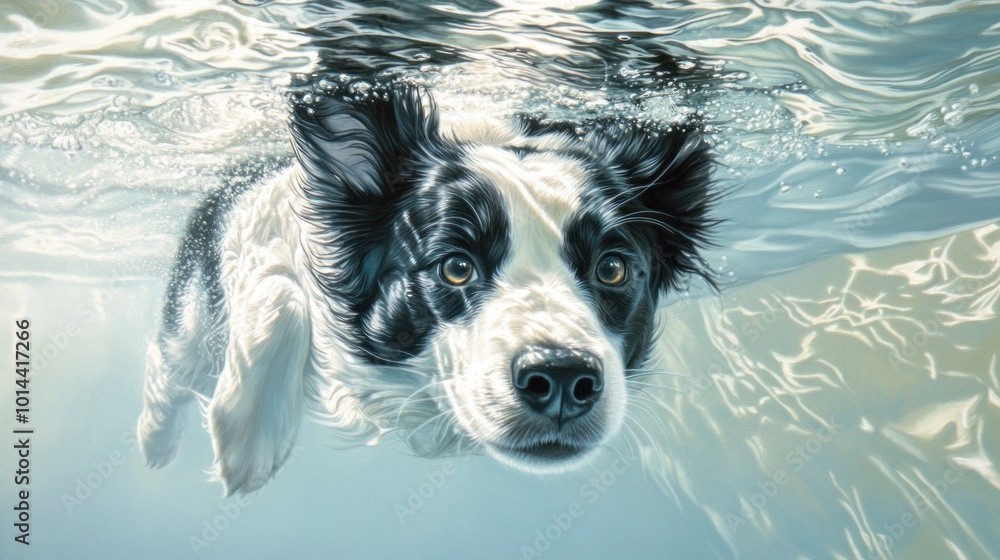 Poster A close-up of a dog swimming underwater, showcasing its expressive eyes and fur.