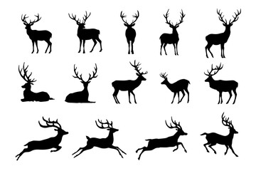 Deer silhouettes collection. Various poses of stags with antlers. Black shapes on white background. Wildlife, hunting, and nature design elements. Elegant and iconic animal outlines cutout.