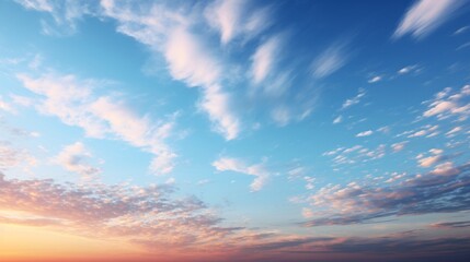 A clear blue sky with soft, wispy clouds at sunrise