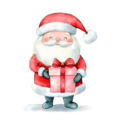 Obraz premium Cute Watercolor Santa Claus Holding Christmas Present