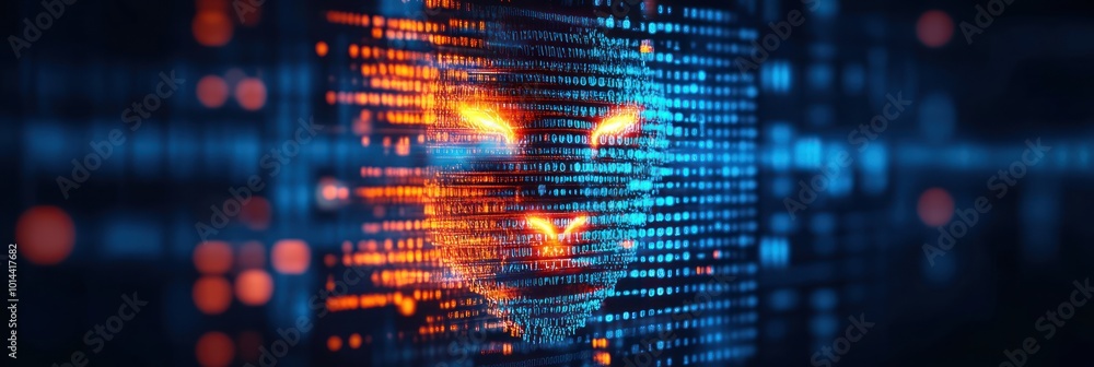 Poster digital face composed of glowing data streams, representing artificial intelligence concepts.