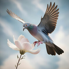 A serene pigeon in midair its wings