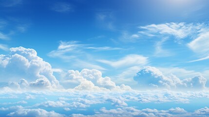 A panoramic view of a blue sky with dynamic cloud shapes