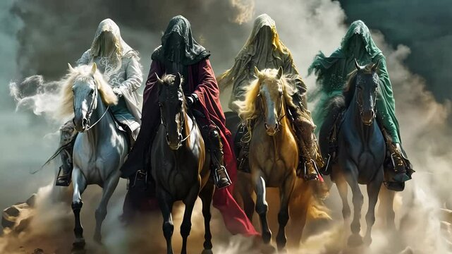 Dramatic symbolism: horsemen apocalypse depicting conquest, conflict, scarcity, demise, illustrating powerful themes of fate, destiny in religious texts, reflecting humanity struggle, ultimate fate.