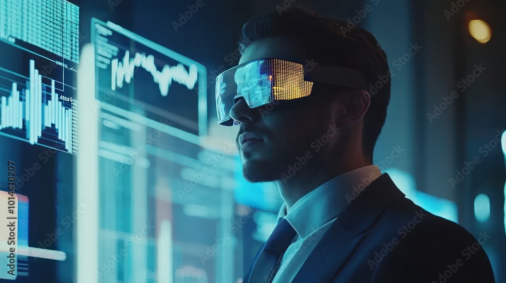 Canvas Prints A man in a suit wearing futuristic glasses, analyzing digital data in a high-tech environment.