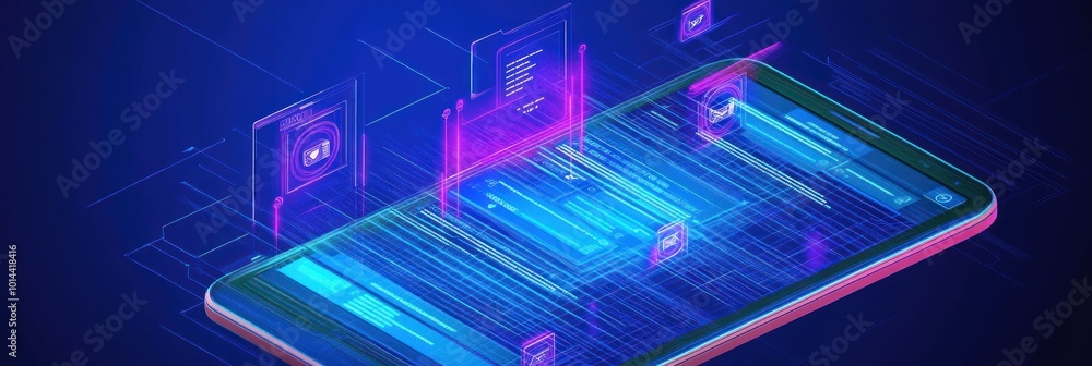 Poster a digital tablet displaying vibrant data visuals and holographic elements.