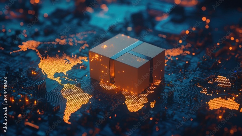 Poster a digital representation of a package over a glowing world map, symbolizing global logistics.