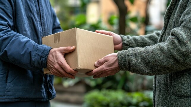 A person receiving a package from a delivery worker in an outdoor setting.