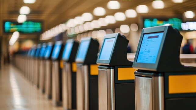 Modern airport check-in kiosks lined in a bright terminal with digital screens.