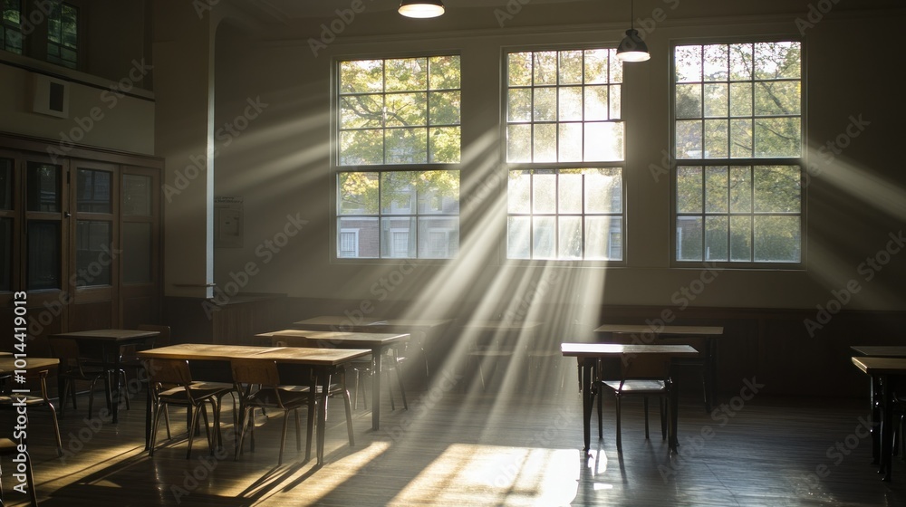 Poster sunlight streams through windows in a serene, empty classroom.