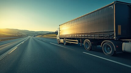 A truck on a highway at sunrise, symbolizing transport and logistics.