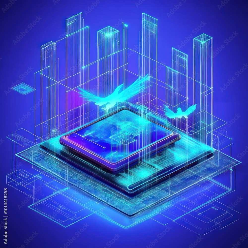 Aufkleber a futuristic illustration of a microchip surrounded by digital elements and abstract structures.