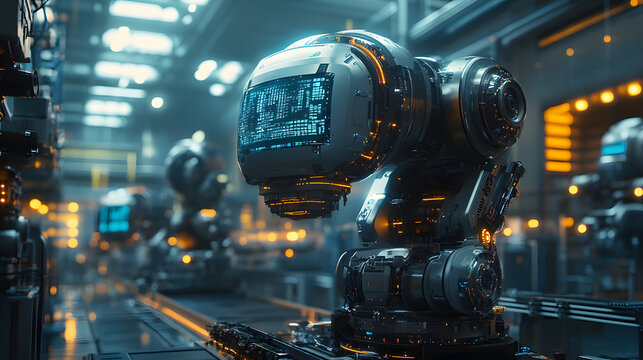 A futuristic assembly line, populated by advanced robotic workers. Each robot is equipped with glowing lights and complex machinery, efficiently carrying out their tasks. 