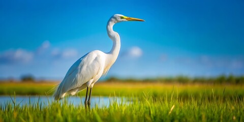 Obraz premium In a lush green meadow, a graceful white egret rises under the expansive blue sky, embodying the tranquility