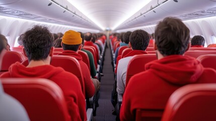 Fototapeta premium Passengers in red hoodies seated in an airplane aisle with focused atmosphere.