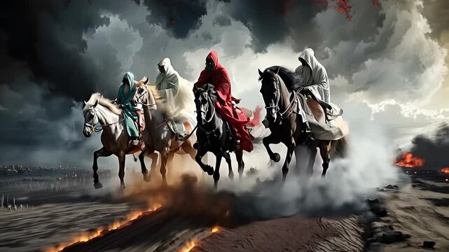 Dramatic symbolism: horsemen apocalypse depicting conquest, conflict, scarcity, demise, illustrating powerful themes of fate, destiny in religious texts, reflecting humanity struggle, ultimate fate.