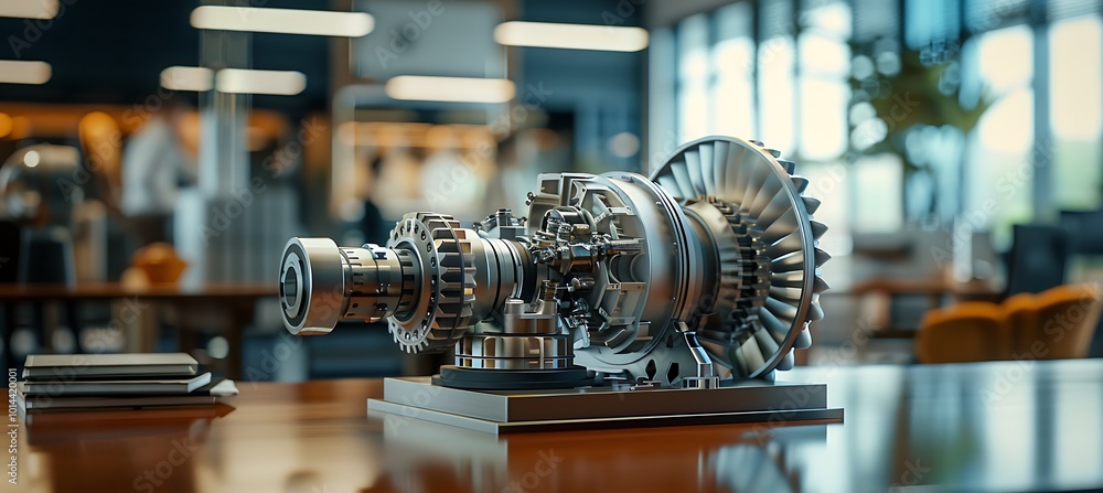 Poster a tabletop prototype showcasing a hydroelectric turbine model, illustrating the engineering design a