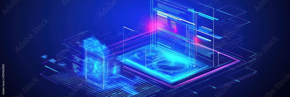 Poster futuristic digital interface with holographic elements representing technology and data.
