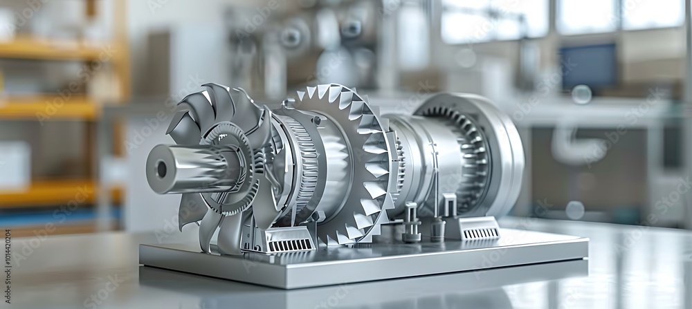 Poster a tabletop prototype showcasing a hydroelectric turbine model, illustrating the engineering design a