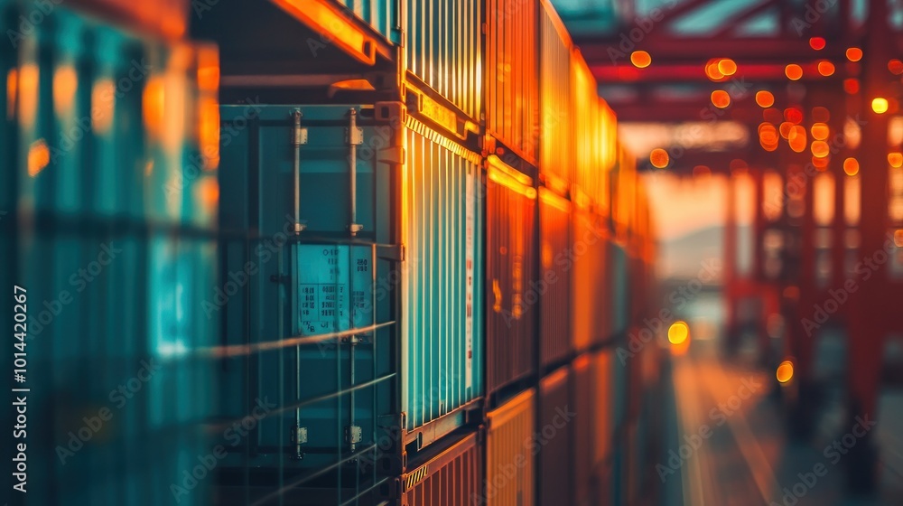 Poster sunset over stacked shipping containers in a port setting.
