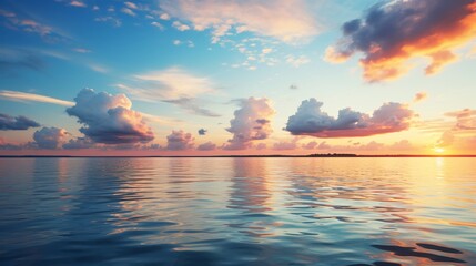 A tranquil blue sky with a mix of cloud types at sunset