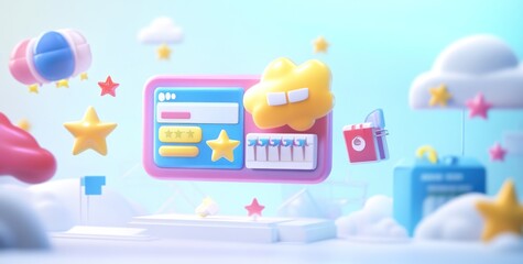 A colorful 3D scene featuring playful clouds, stars, and a user interface panel.