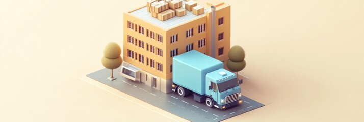 A stylized building with a delivery truck and boxes on the roof, representing logistics.