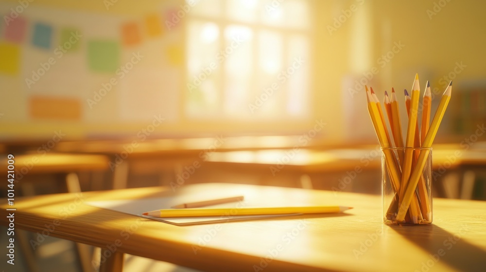 Poster a sunlit classroom with pencils and paper on a desk, creating a learning environment.
