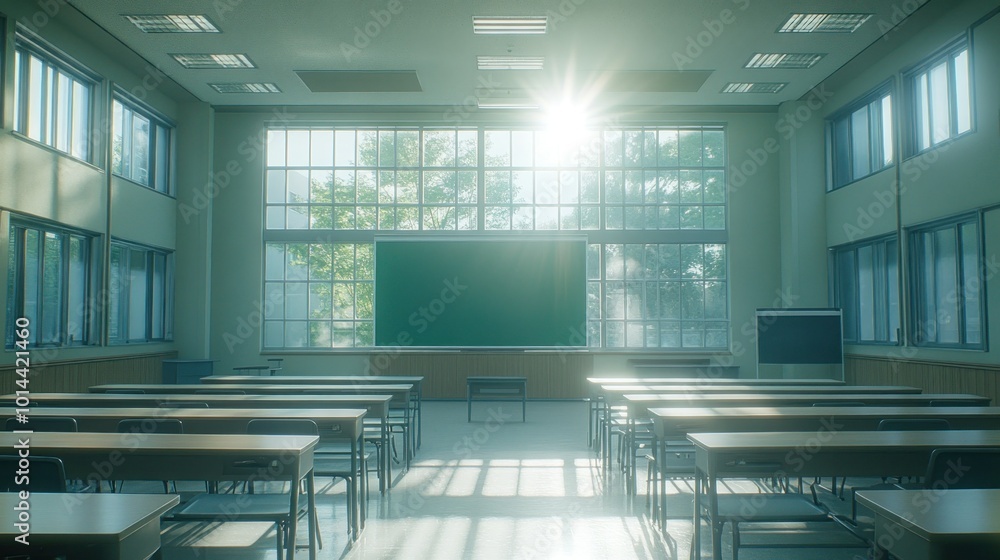 Poster A bright, empty classroom with desks, a chalkboard, and large windows letting in sunlight.