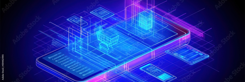 Poster a digital illustration of a smartphone displaying holographic data and technology elements.