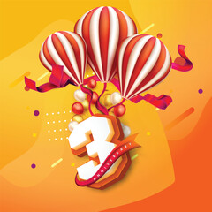 Colorful 3rd anniversary design with striped balloons, festive ribbons, and vibrant balloons against a bright orange-yellow background, celebrating a joyful milestone.
