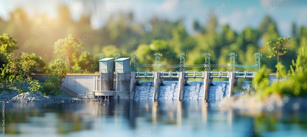 Poster a detailed prototype model of a hydroelectric dam displayed on a table, showcasing its structure and