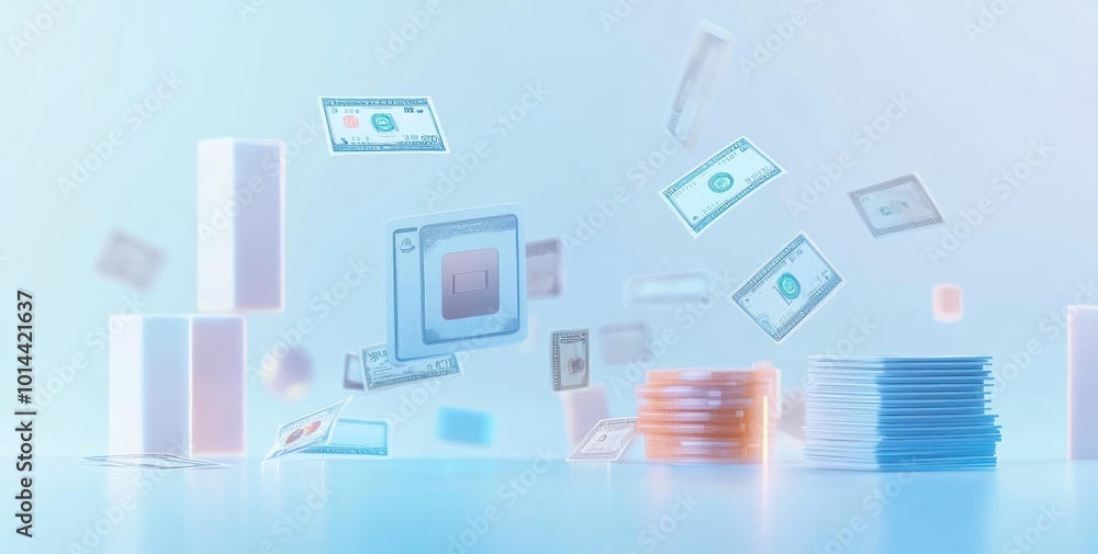 Poster abstract representation of currency and financial elements in a digital environment.