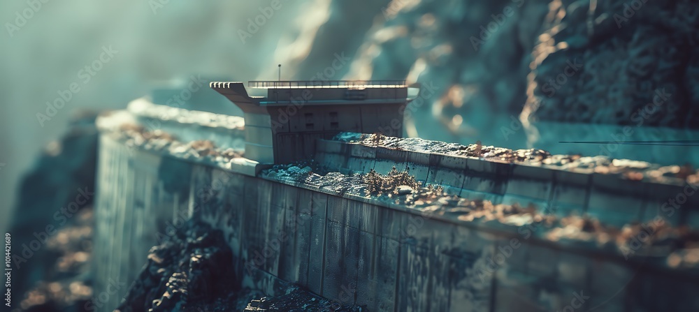 Poster a detailed prototype model of a hydroelectric dam displayed on a table, showcasing its structure and