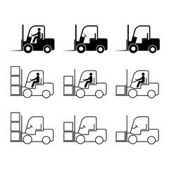 Set of Forklift transport icon, industry vehicle machine symbol, fork truck warehouse vector illustration