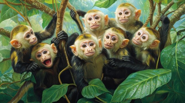 A group of seven playful monkeys interacting in a lush, green jungle setting.